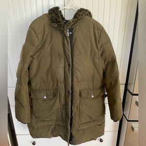 Women’s Kenneth Cole Quilted Coat XL Olive Green With Black Leopard Trim Hooded